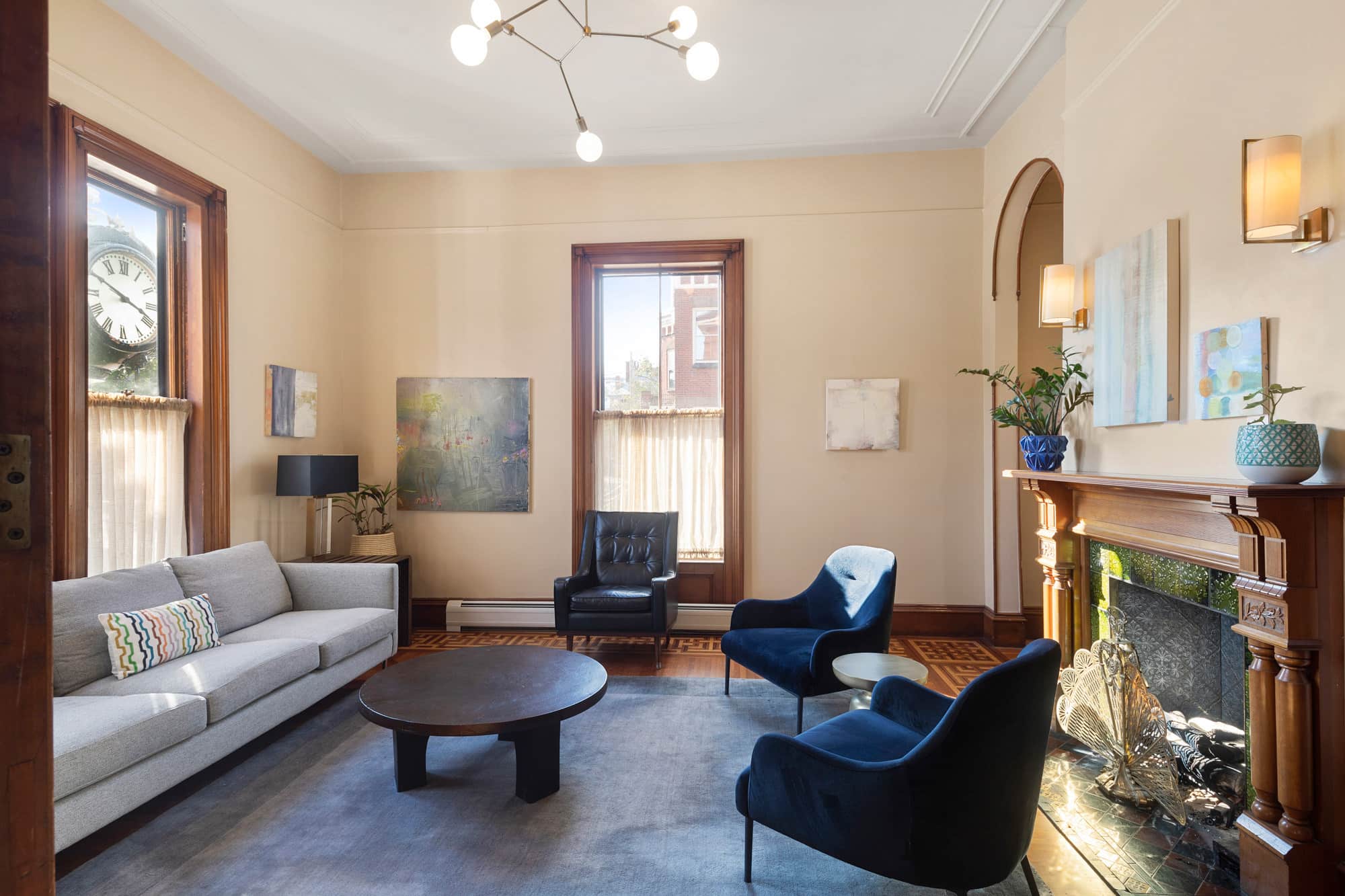 Stylish Portland Maine boutique hotel lounge with elegant seating and vibrant decor.