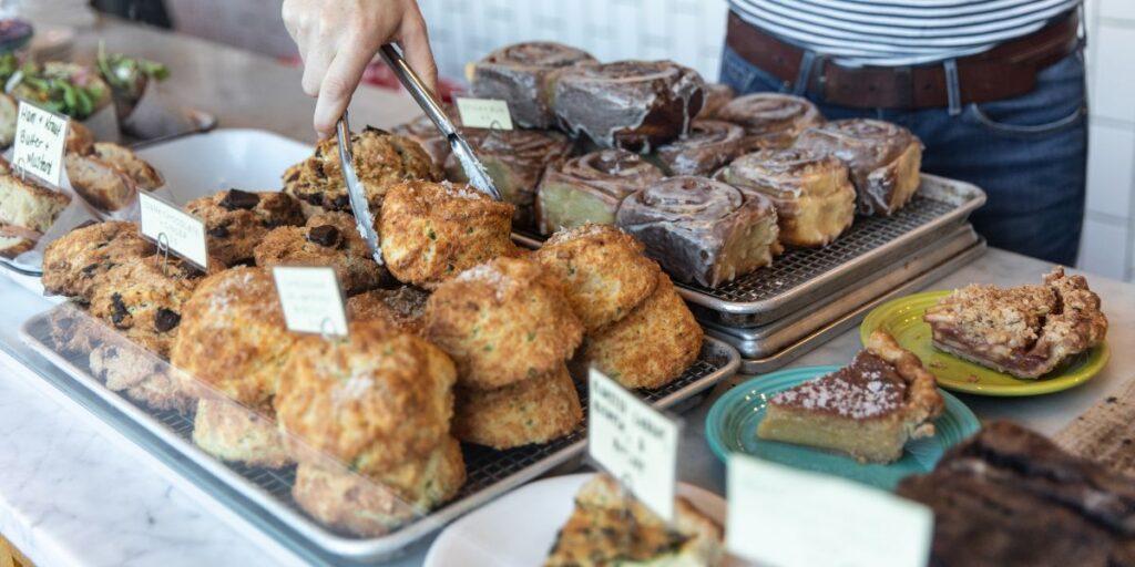 Bakery treats and pastries on display at a cafe in Portland Maine luxury hotel.