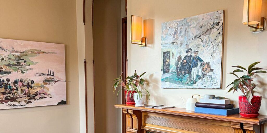 Elegant interior of a historic luxury Portland Maine hotel with artwork and decor.