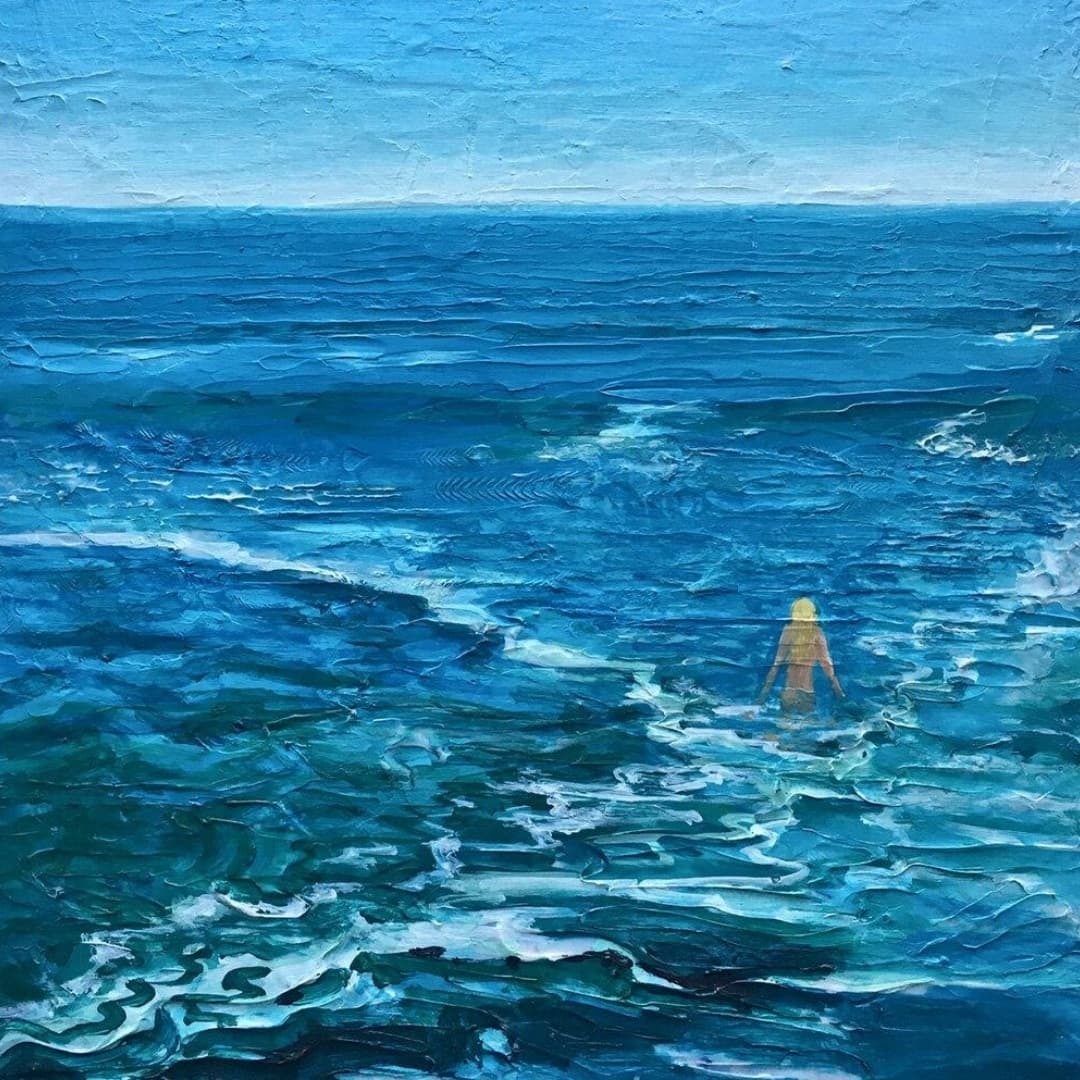 Impressionist ocean painting with a swimmer, showcasing serene blue waves. Luxury boutique escape.