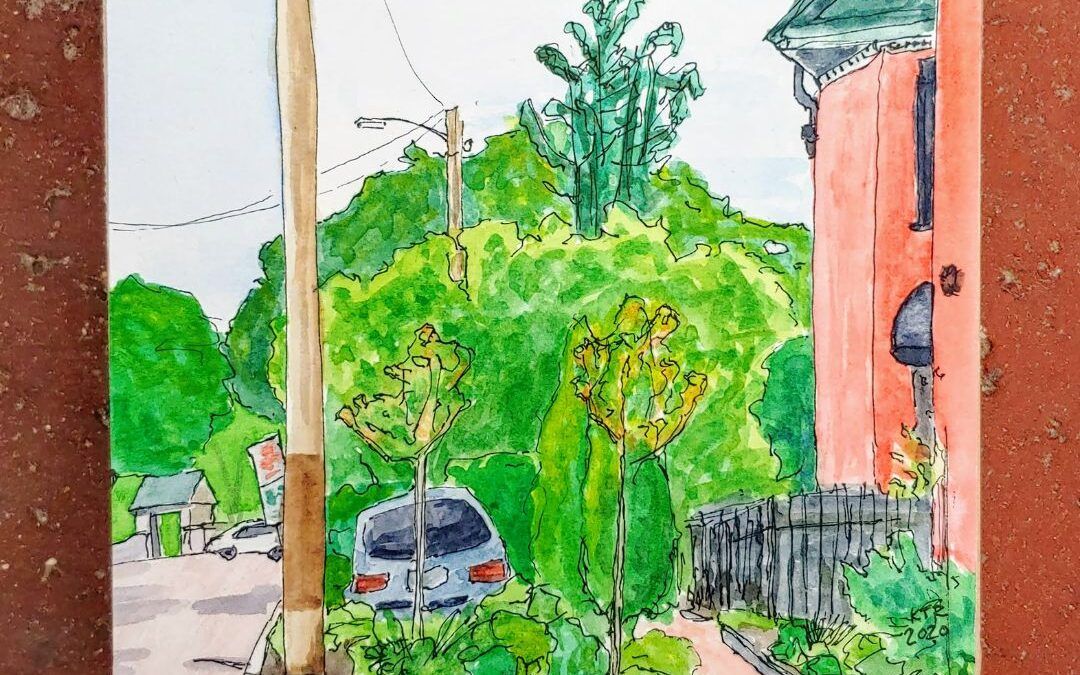 Colorful urban street scene with cars, trees, and a brick building in Portland, Maine. Luxurious rooms.